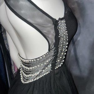 NWT Blondie Nites Sleeveless Black Dress, Sheer High Neck, Lettuce Ruffle Hem